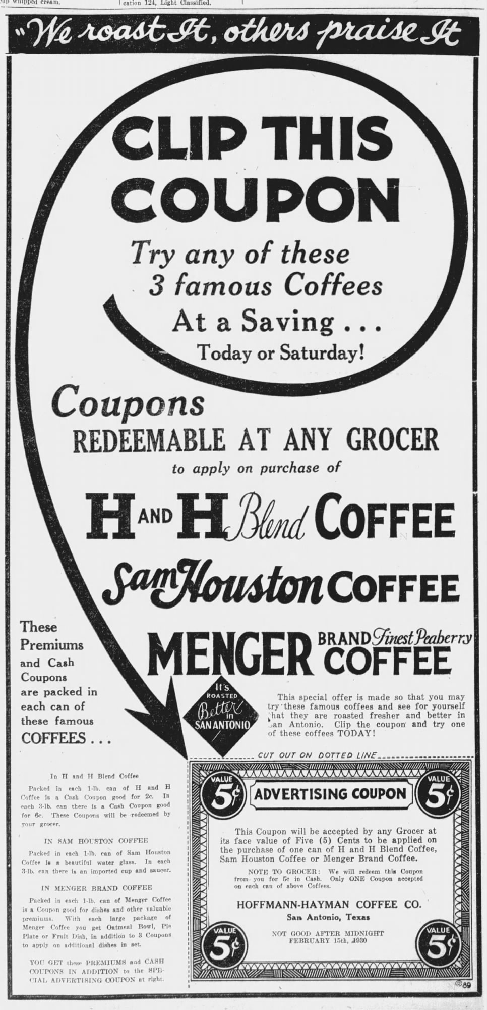 Hoffmann-Hayman "Clip This Coupon" ad — H and H Blend, Sam Houston, Menger Brand Peaberry — San Antonio Light, 14 February 1930, p. 32