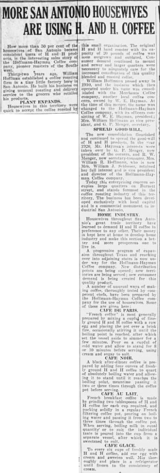 Women’s-page feature — Hoffmann-Hayman promotion with recipes — San Antonio Light, 21 Feb 1930, page 21