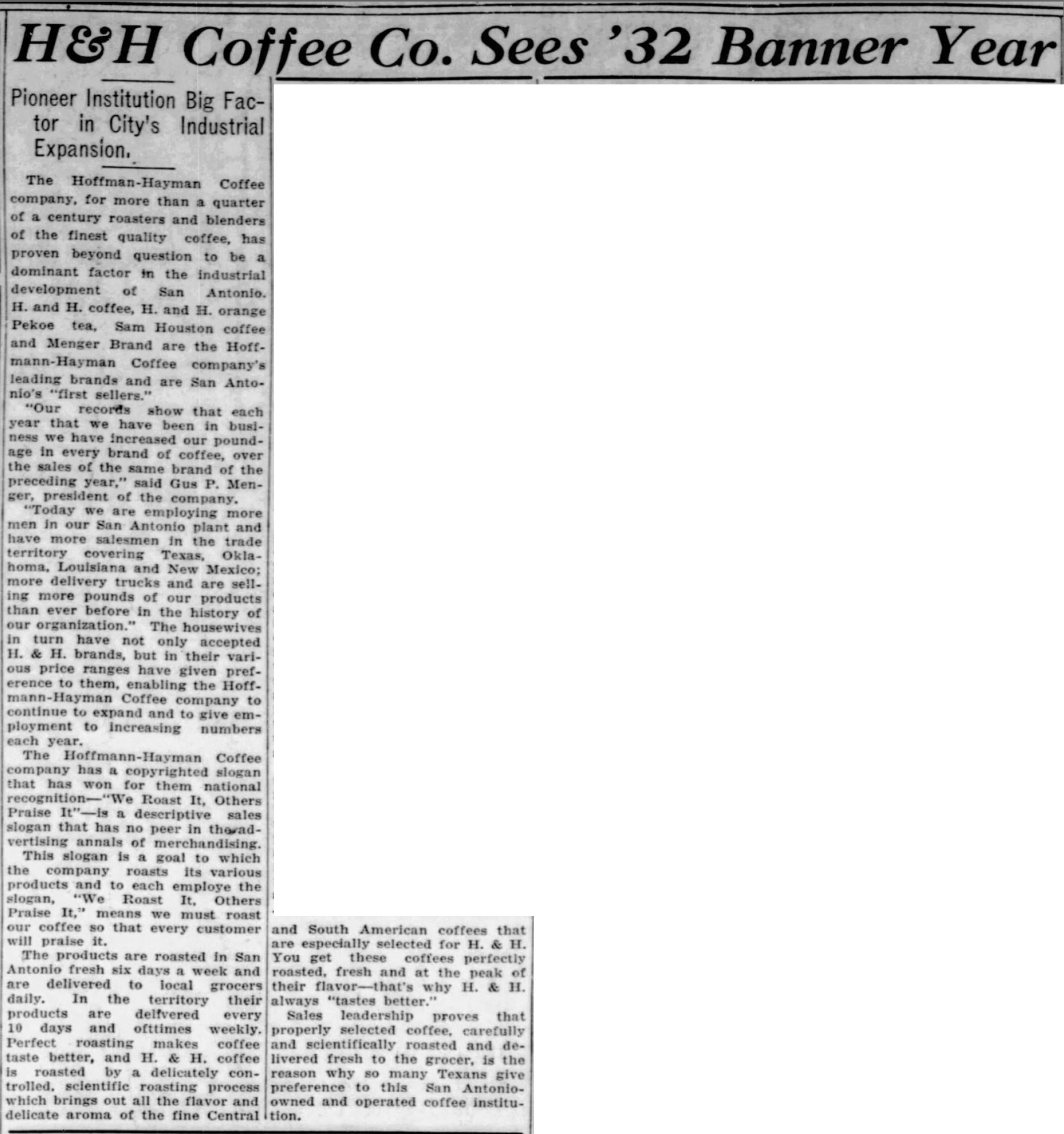 H & H Coffee Co. Sees '32 Banner Year — The News, 5 Mar 1932, page 8 (lead story, adjacent columns, Mitrovich Cafe photo)