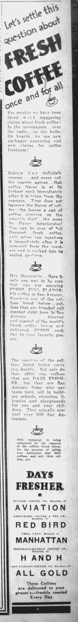 Vertical display advertisement — headline on fresh coffee, body copy on local roasting, roster of San Antonio coffee firms including Hoffmann-Hayman H and H