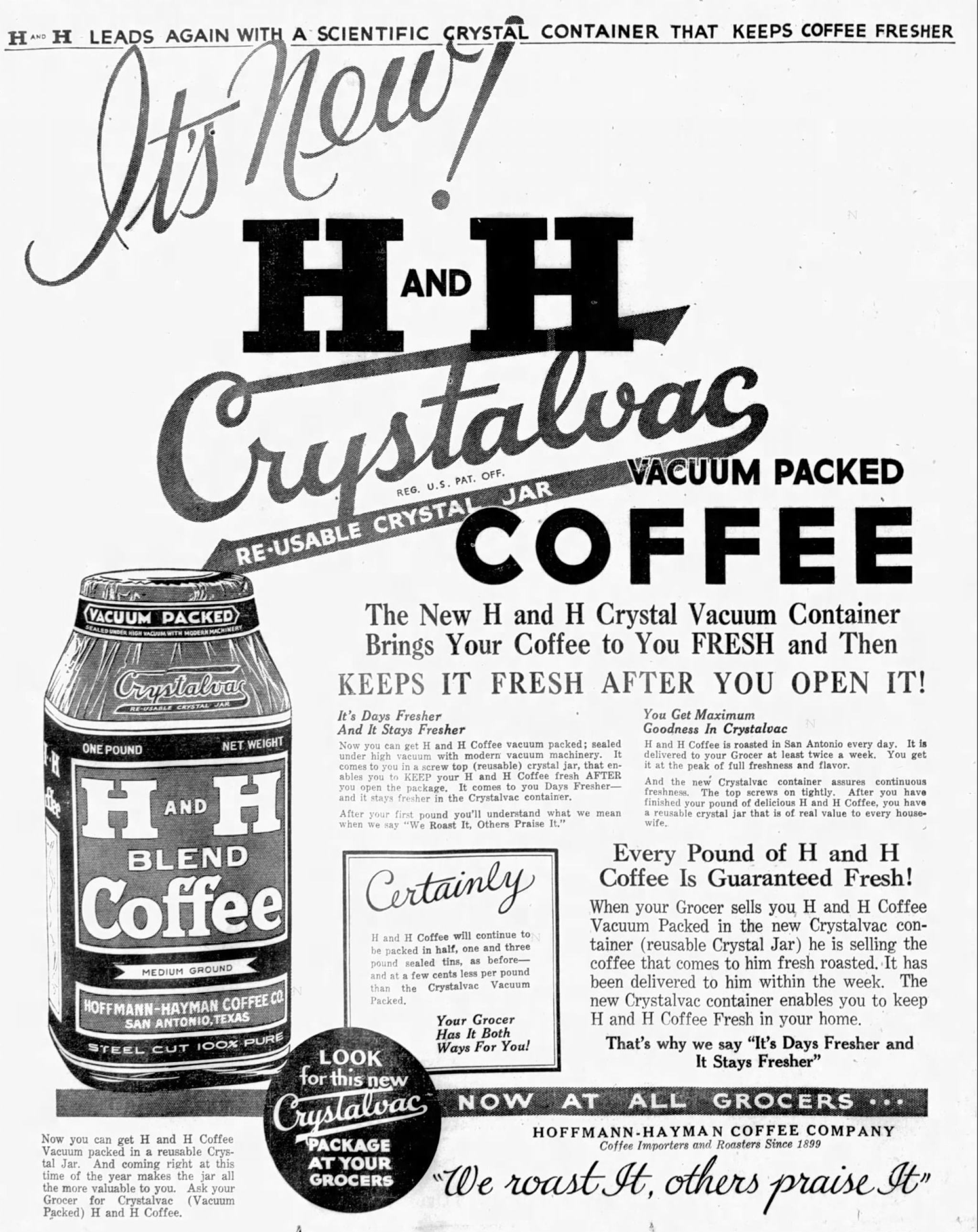 Display ad — H and H Crystalvac re-usable crystal jar, vacuum packed; San Antonio Light, 3 Jun 1932, page 28