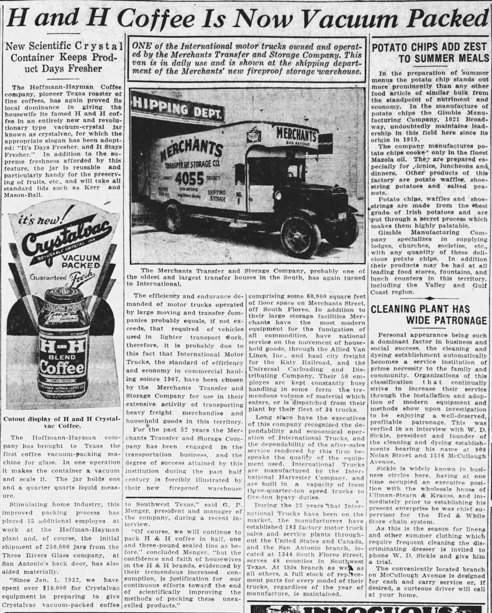 Newspaper page — Express-News, 6 Jun 1932, p. 7 — feature “H and H Coffee Is Now Vacuum Packed” with Crystalvac jar cut, Merchants Transfer truck, and other columns