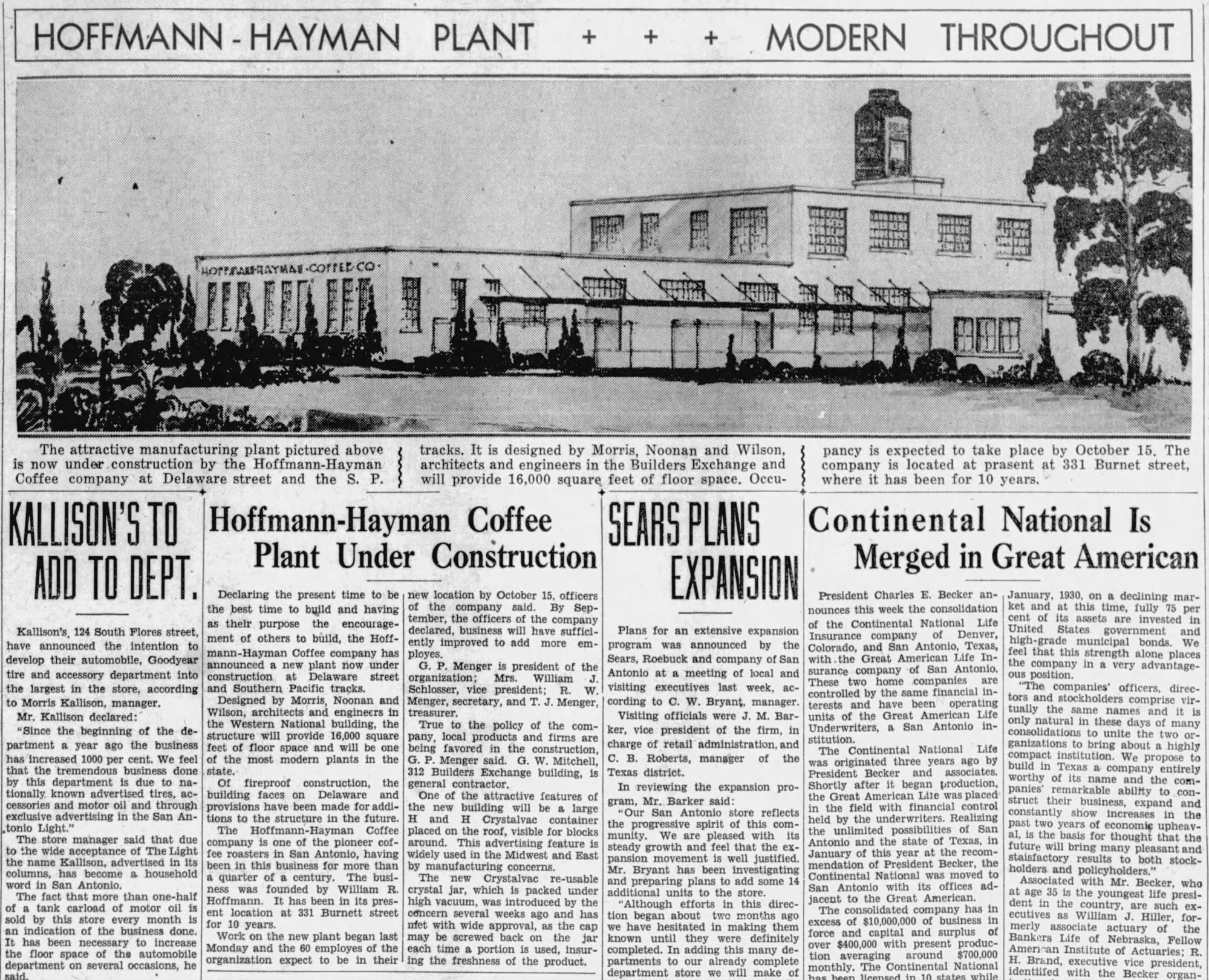 Plant rendering and columns — Hoffmann-Hayman Delaware Street works; San Antonio Light, 24 Jul 1932, page 29
