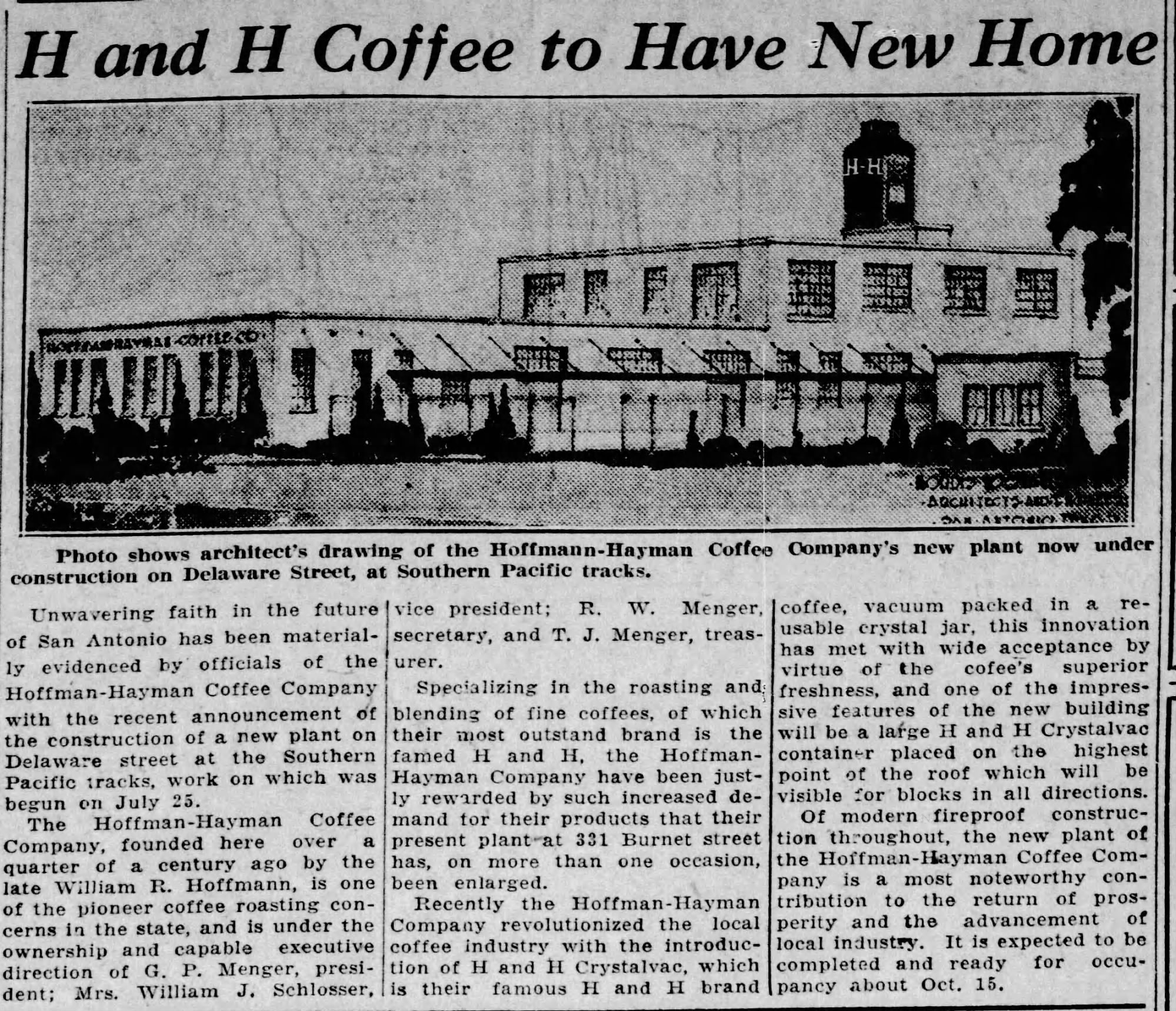 Architect’s drawing — new Hoffmann-Hayman plant; The News (San Antonio), 6 Aug 1932, page 7