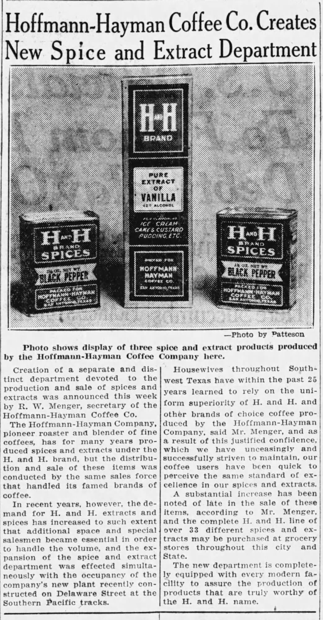 Spice and extract display with article; Express-News, 28 Nov 1932, page 2
