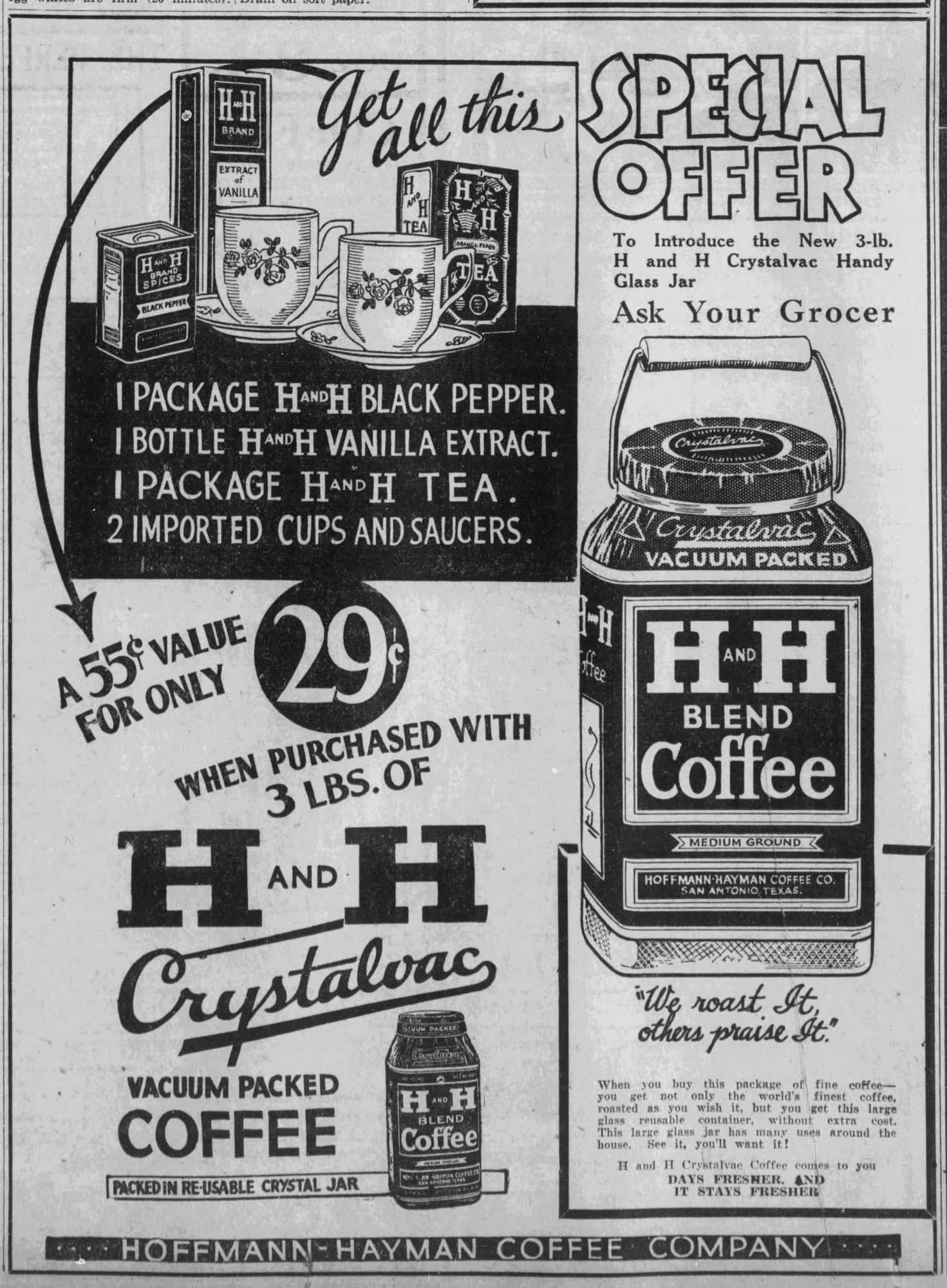 Hoffmann-Hayman Crystalvac "Get all this — A 55¢ value for only 29¢" Special Offer ad — San Antonio Light, 23 December 1932, p. 15