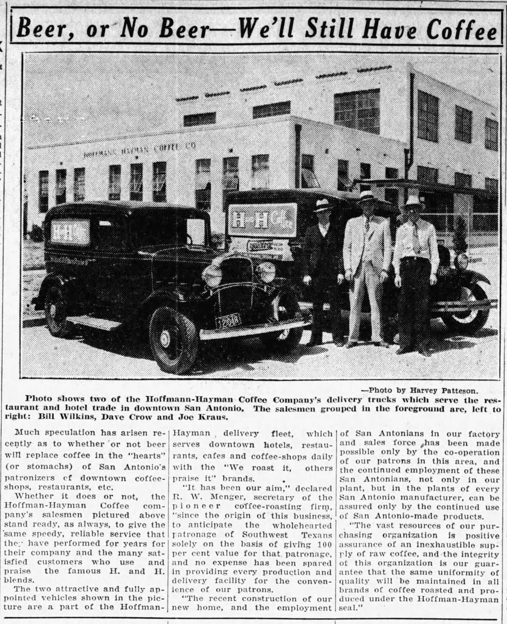 Photo feature — Hoffmann-Hayman trucks and factory; beer vs. coffee copy — Express-News, 27 Mar 1933, page 10