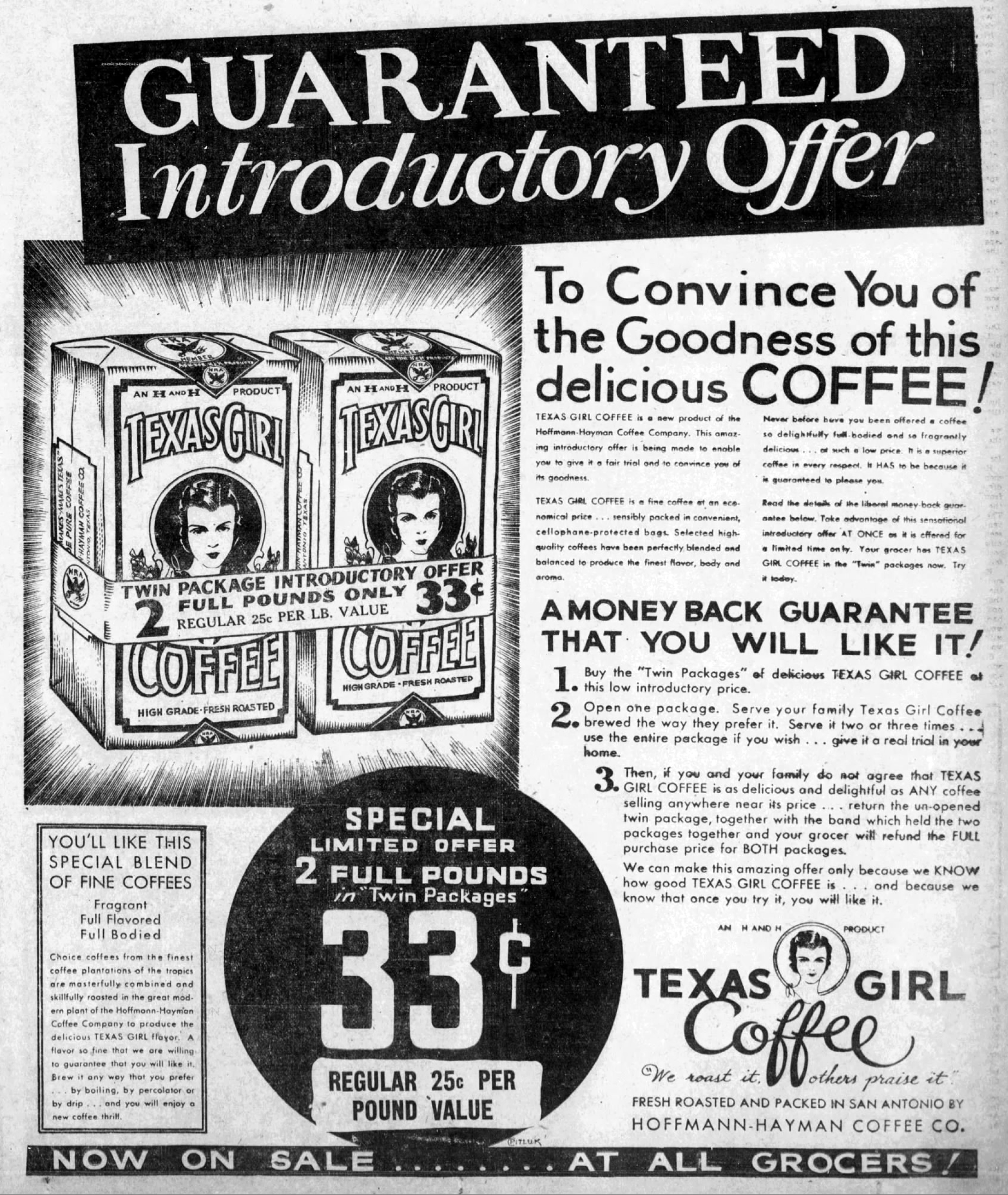 Display ad — Texas Girl twin-package introductory price; San Antonio Light, 20 Oct 1933, page 29