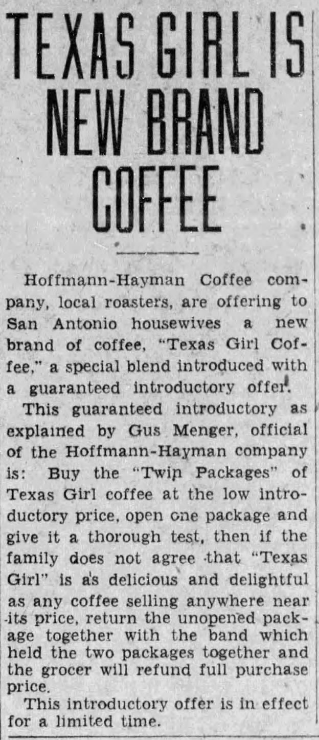 Embedded newspaper column: Texas Girl is new brand coffee — *San Antonio Light*, 20 Oct 1933, p. 29