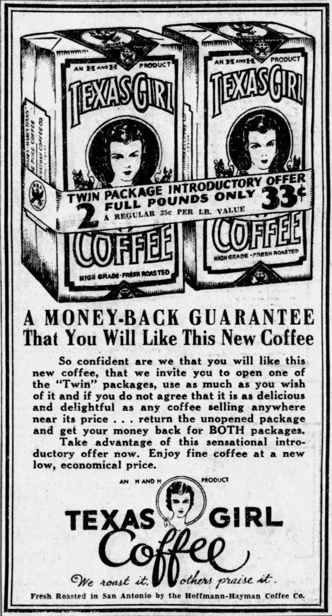 Embedded newspaper display: Texas Girl twin package, money-back copy — *San Antonio Express-News*, 26 Oct 1933, p. 6