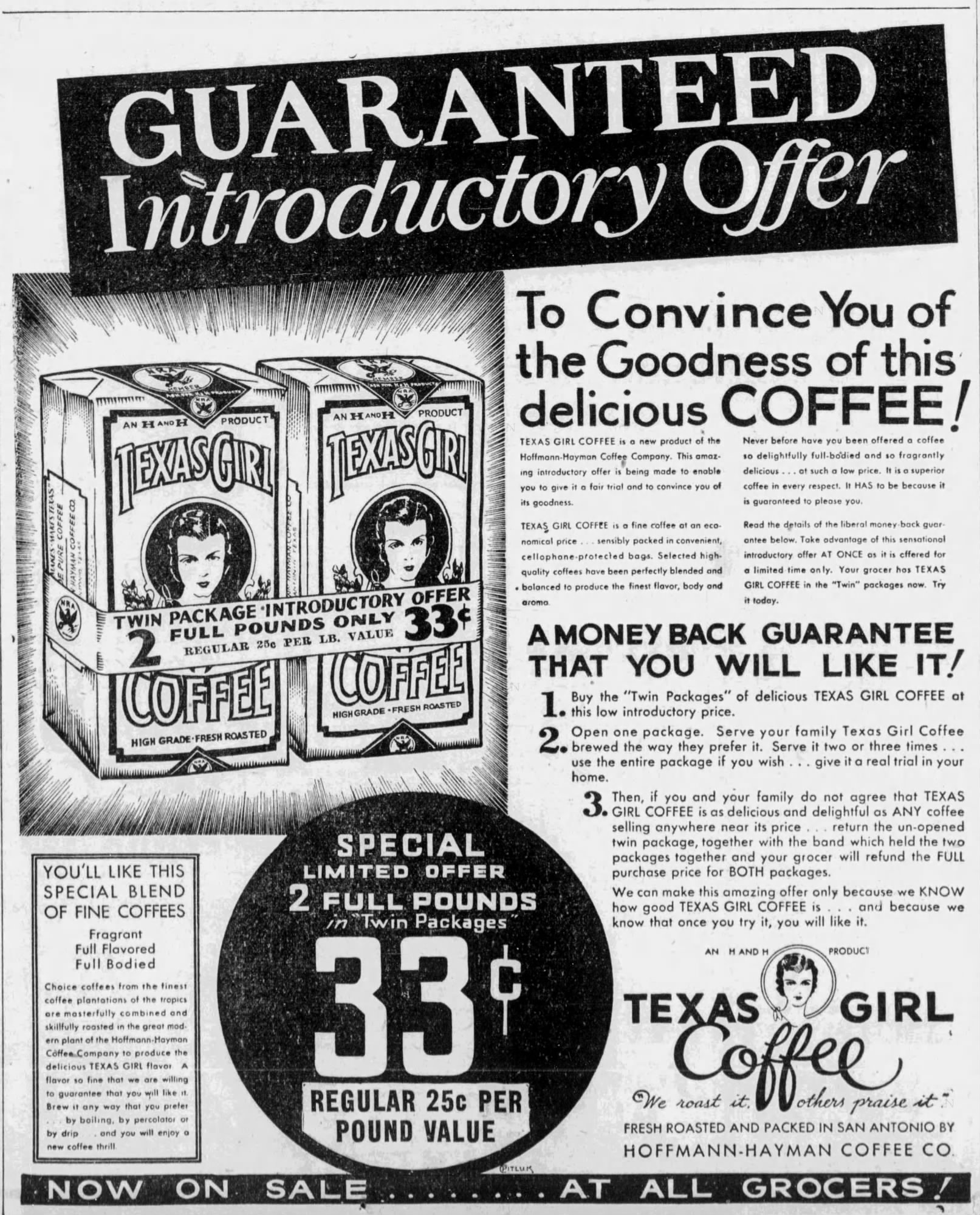 San Antonio Light, 3 Nov 1933, p. 31 — Texas Girl Coffee Guaranteed Introductory Offer Hoffmann-Hayman Texas Girl Coffee "GUARANTEED Introductory Offer" twin-package money-back ad — San Antonio Light, 3 November 1933, p. 31