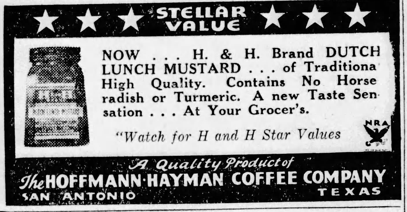 Embedded newspaper display: H and H Dutch Lunch Mustard — *The News*, 25 Nov 1933, p. 6