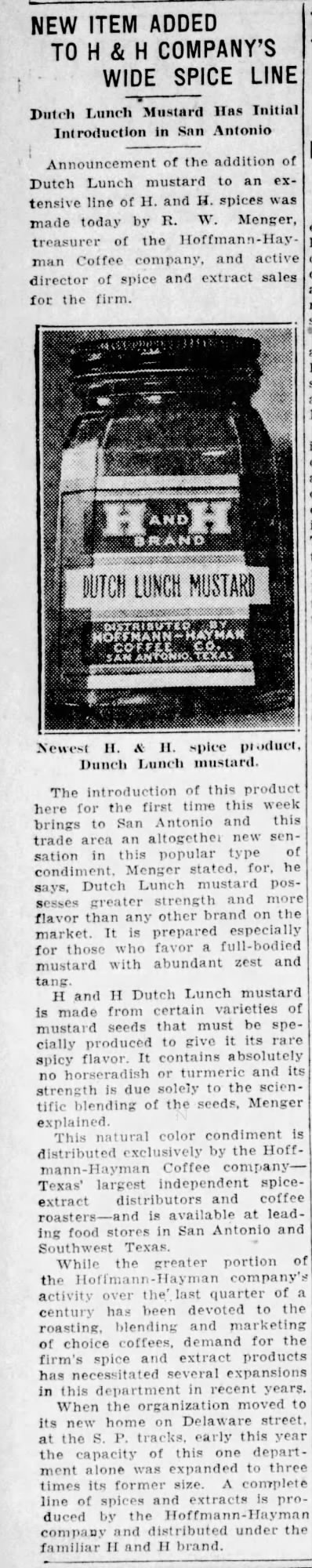 Embedded newspaper column: new H and H spice line item (Dutch Lunch mustard); *The News*, 25 Nov 1933, p. 6