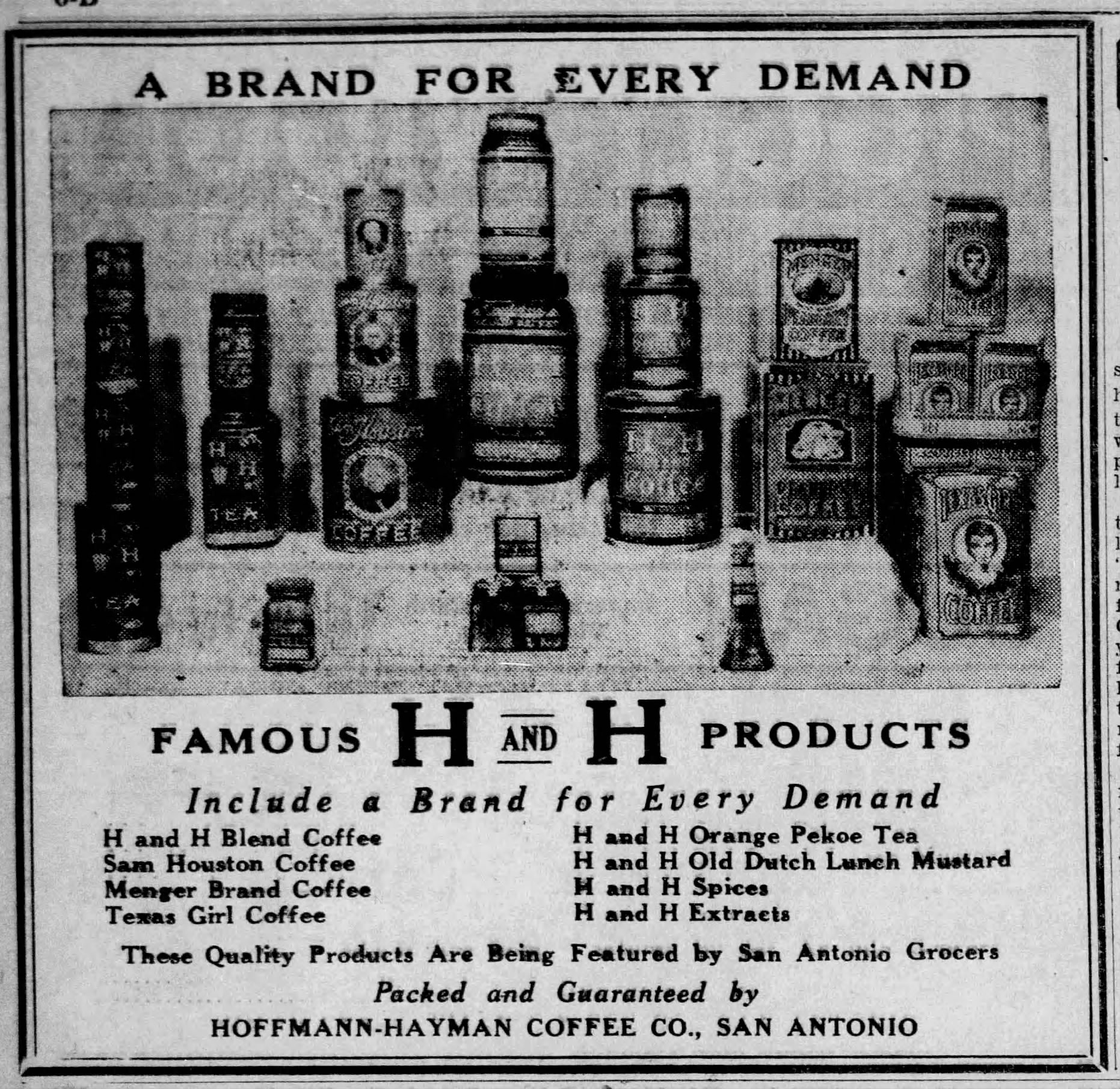 Hoffmann-Hayman "A Brand for Every Demand" 1934 product census display ad — San Antonio Light, 16 March 1934, p. 28