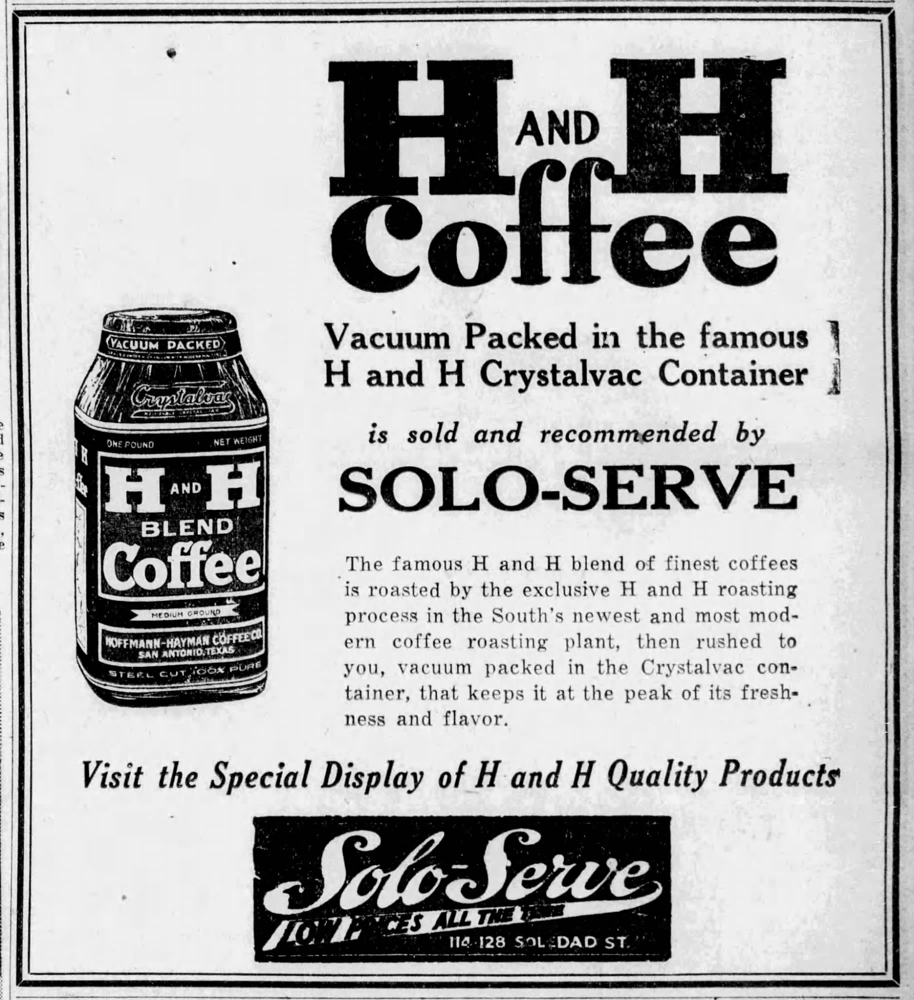 Solo-Serve display ad endorsing H and H Crystalvac Coffee — San Antonio Light, 2 May 1934, p. 29