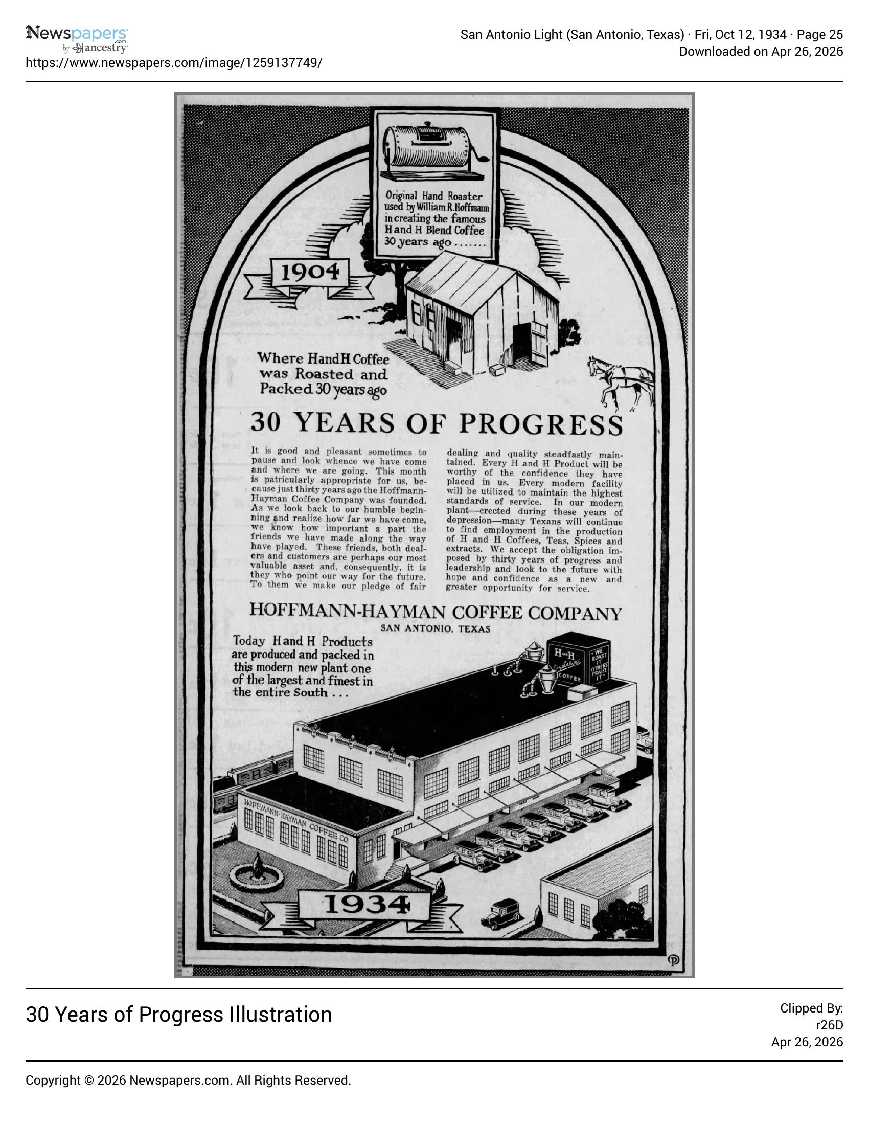 Embedded newspaper display: 30 Years of Progress — 1904 vs 1934; *San Antonio Light*, 12 Oct 1934, p. 25