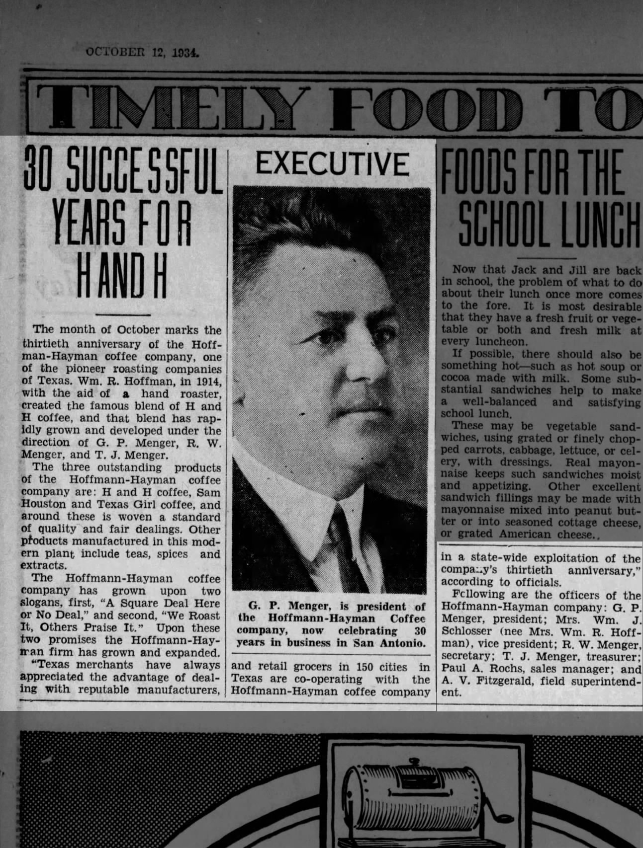 Embedded newspaper page: G. P. Menger portrait and “30 successful years” feature — *San Antonio Light*, 12 Oct 1934, p. 25