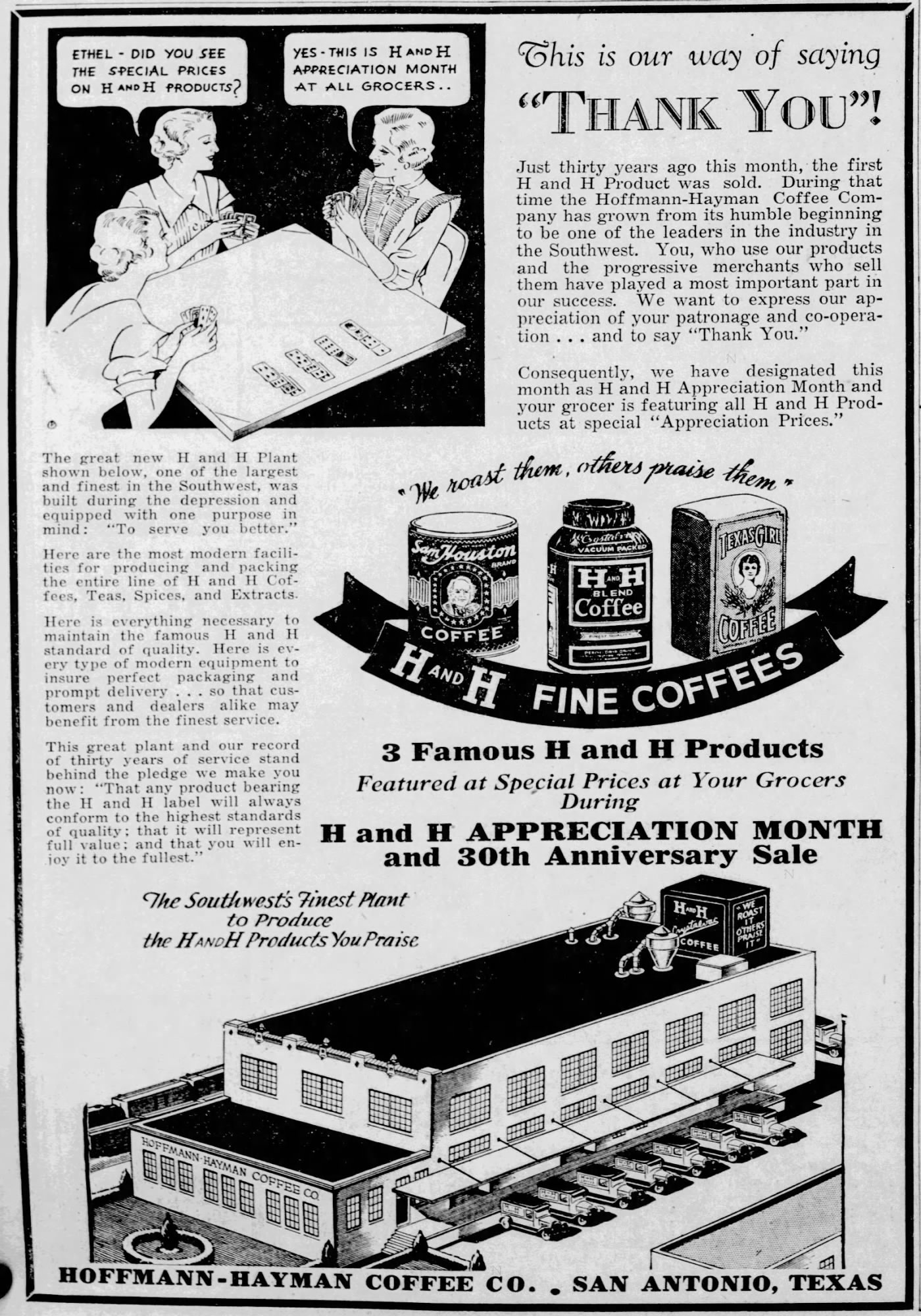 Embedded newspaper display: H and H Appreciation Month / Thank You — *The News*, 19 Oct 1934, p. 18