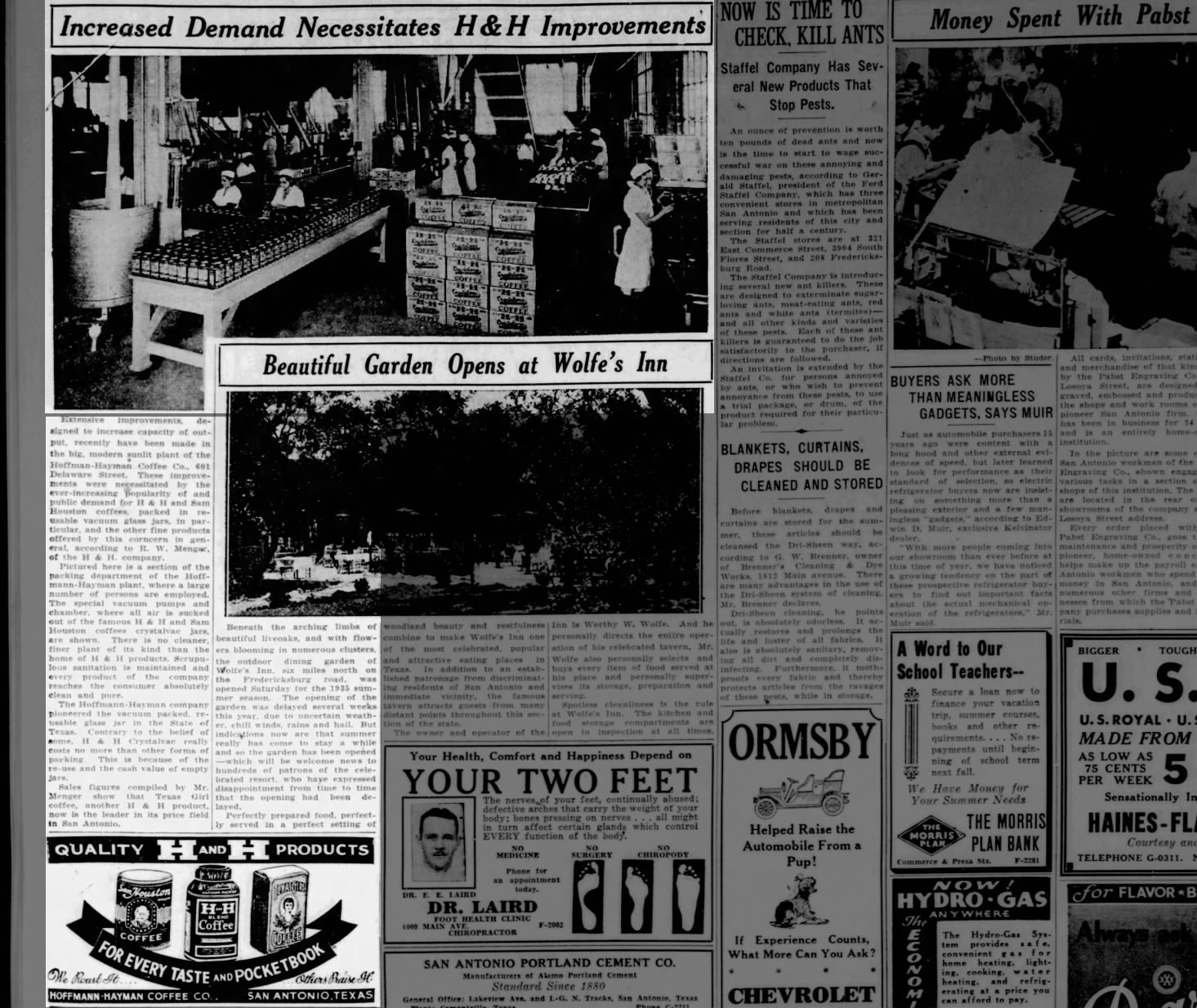 Embedded newspaper page: increased demand / H and H improvements feature and “every taste — pocketbook” strip — *The News*, 18 May 1935, p. 6
