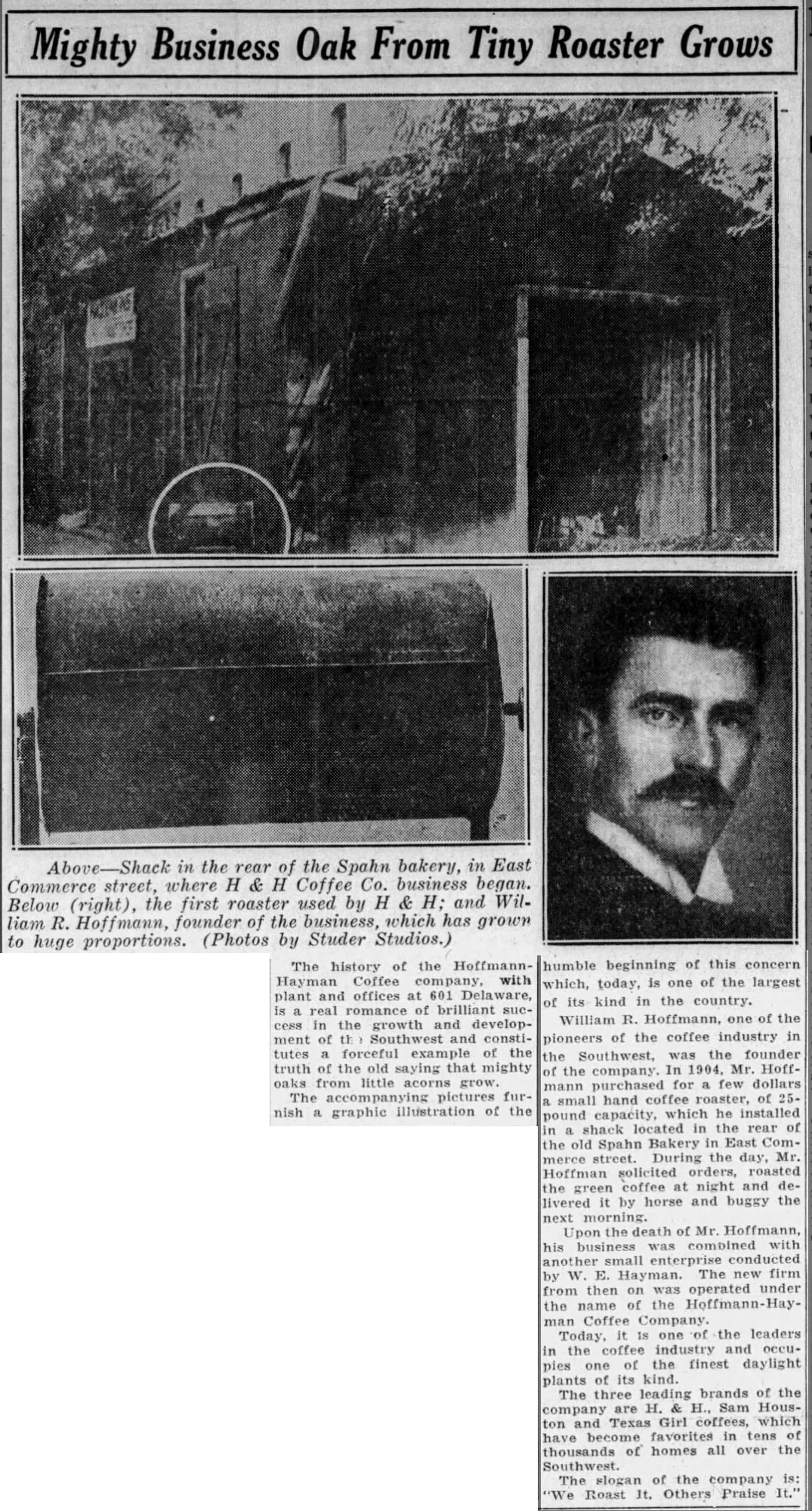 Photo feature — Spahn bakery shack, first roaster, William R. Hoffmann portrait — Express-News, 22 Jul 1935, page 7