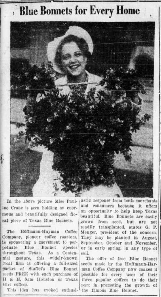 Blue Bonnets + coffee — Register, 17 Jul 1936 1936 Jul 17 San Antonio Register H and H Blue Bonnets Package