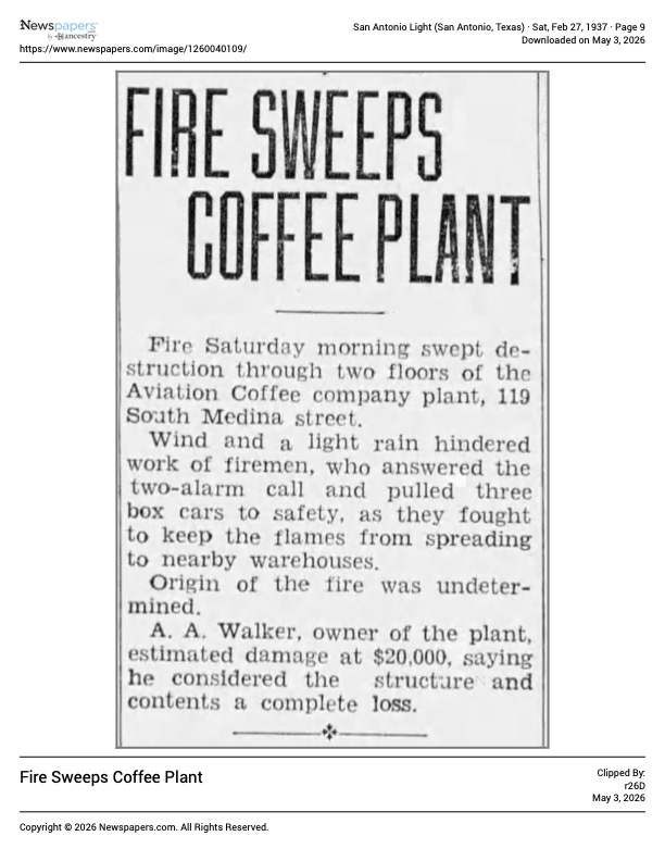 San Antonio Light — Aviation Coffee plant fire, 27 February 1937