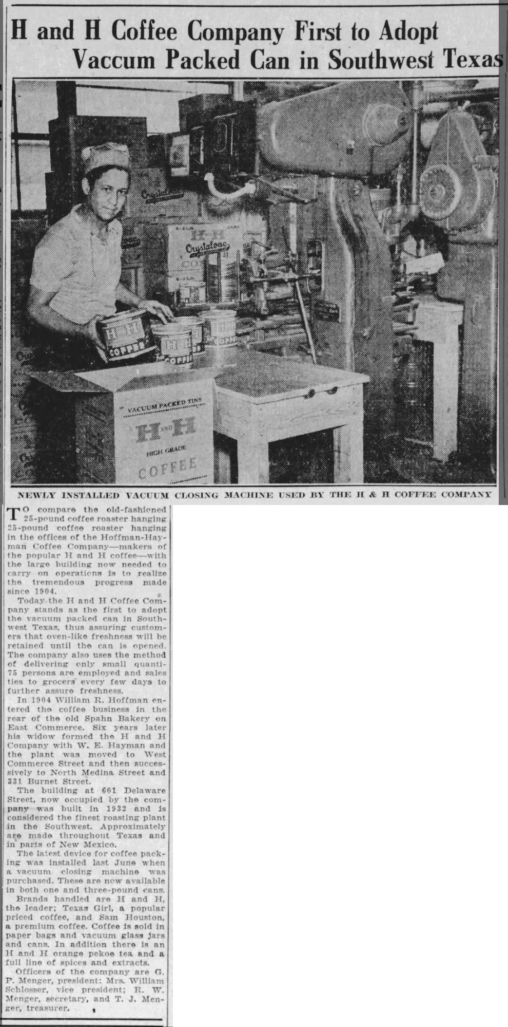 Industrial feature — vacuum closing machine; plant history; brands — The News (San Antonio), 3 Nov 1937, page 46