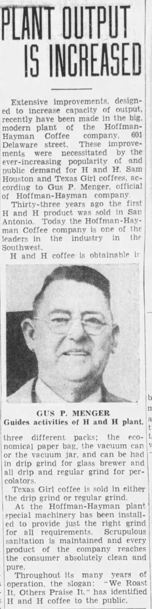 Embedded newspaper column: plant output increased, Gus P. Menger portrait — *San Antonio Light*, 21 Nov 1937, p. 98
