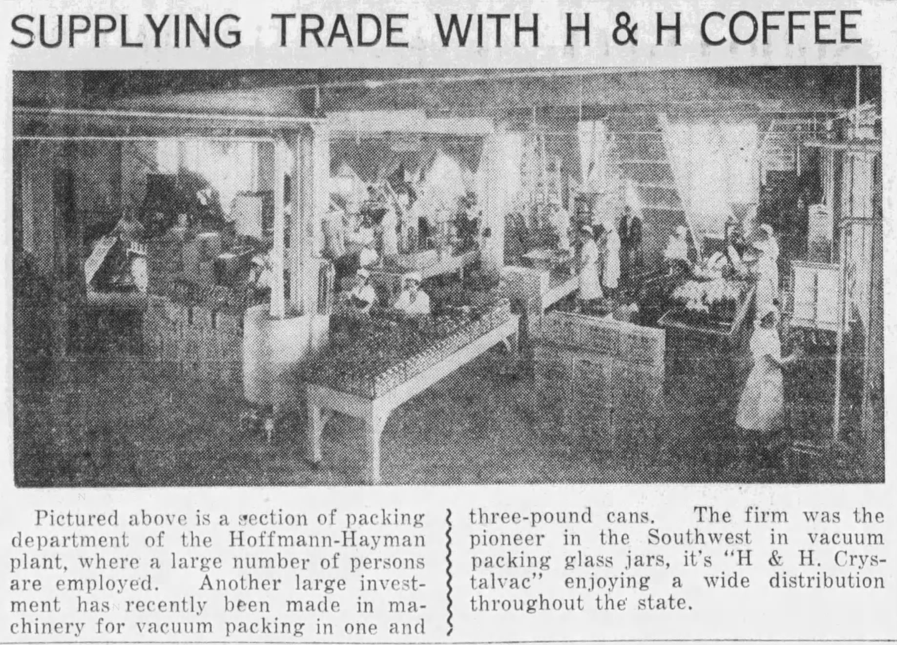 Embedded newspaper item: packing department, “Supplying trade with H & H Coffee” — *San Antonio Light*, 21 Nov 1937, p. 98