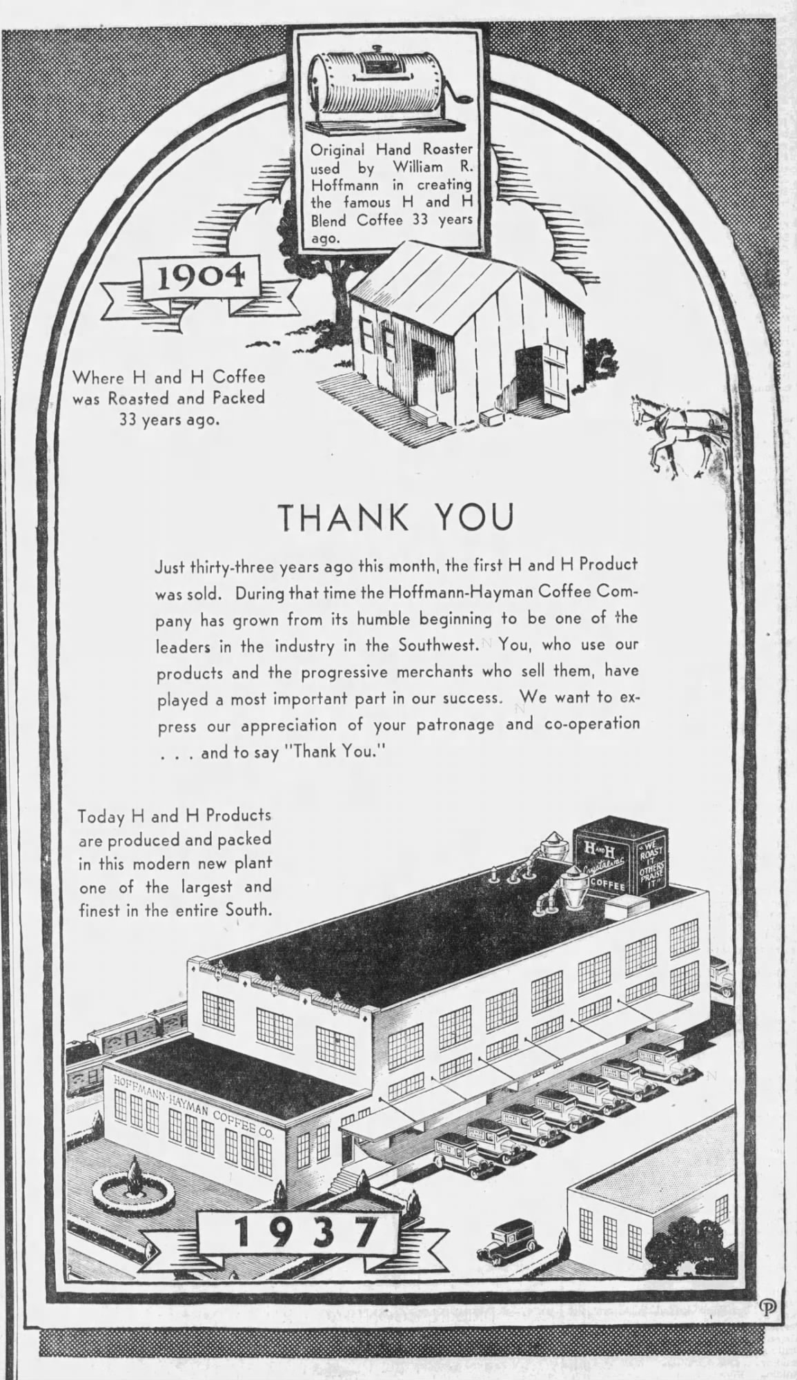 Embedded newspaper display: Thank You — 1904 vs 1937, Hoffmann–Hayman — *San Antonio Light*, 21 Nov 1937, p. 98