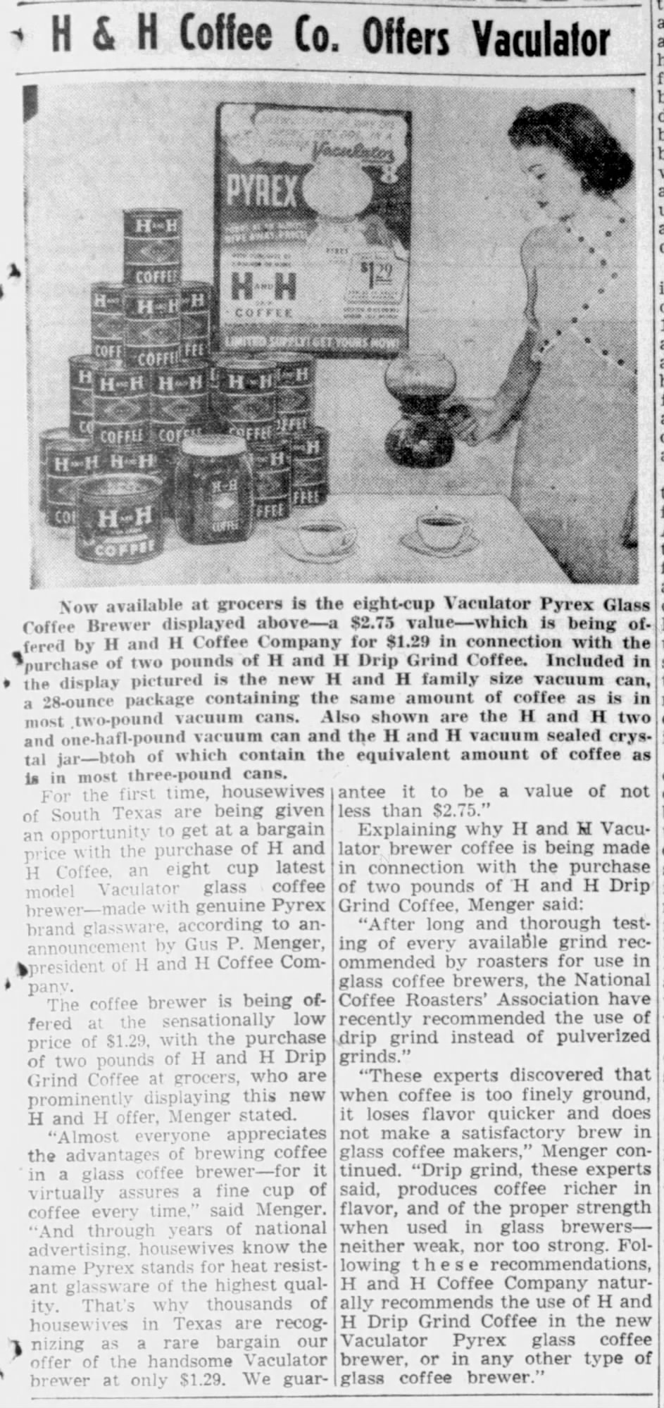 H & H Coffee Co. Offers Vaculator — The News, 6 June 1941