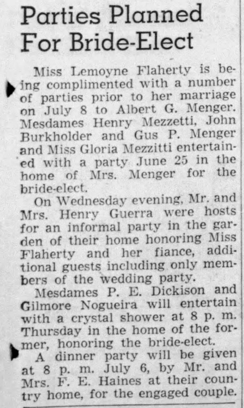 San Antonio Express-News society column — "Parties Planned For Bride-Elect" for Lemoyne Flaherty before her July 8, 1942 marriage to Albert G. Menger — 2 July 1942, p. 13