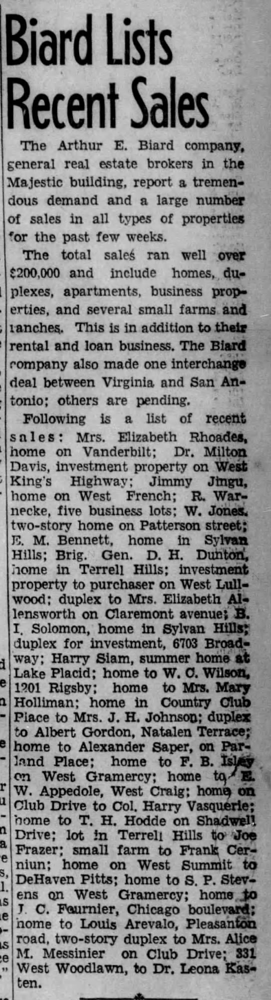 S. P. Stevens buys home on West Gramercy — Biard real estate sales, SA Light, Oct 1942