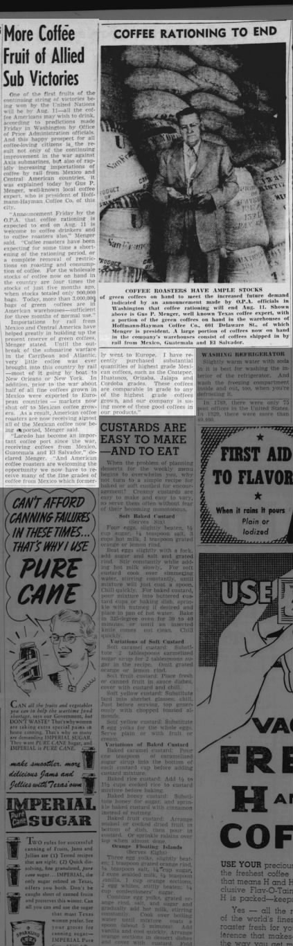 Narrow newspaper strip with “More Coffee Fruit of Allied Sub Victories,” “Coffee Rationing to End,” and related wartime food ads