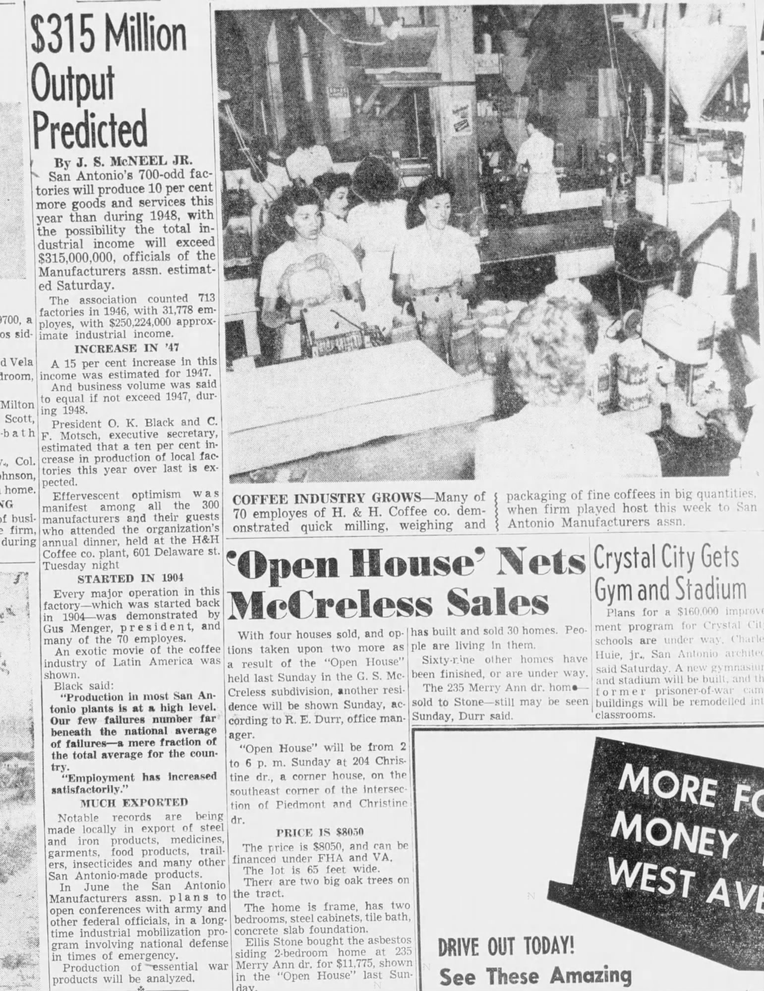 “$315 Million Output Predicted” — San Antonio Manufacturers Assn. annual dinner hosted at the H&H Coffee Co. plant; Gus Menger president, 70 employees, coffee industry of Latin America film shown (San Antonio Light, 22 May 1949)