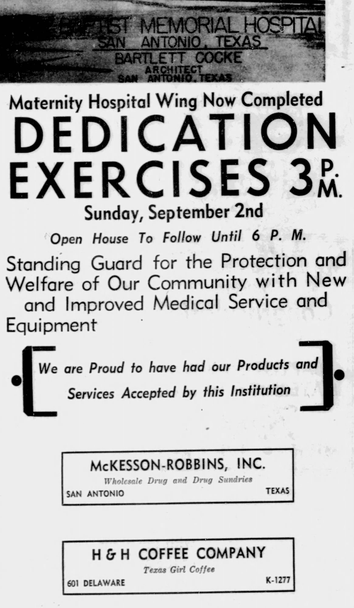 Newspaper display: Baptist Memorial Hospital maternity wing dedication announcement with McKesson-Robbins and H & H Coffee Company (Texas Girl) footer boxes — *San Antonio Express-News*, 1 Sep 1951, p. 8