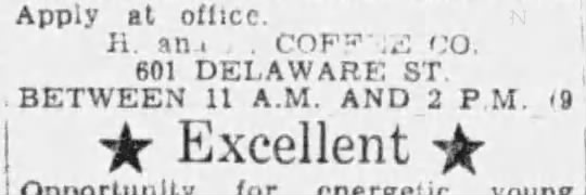 “Excellent Opportunity” — H and H Coffee Co. help-wanted classified fragment, 601 Delaware St., apply 11 a.m. – 2 p.m. (San Antonio Express-News, 3 March 1955)