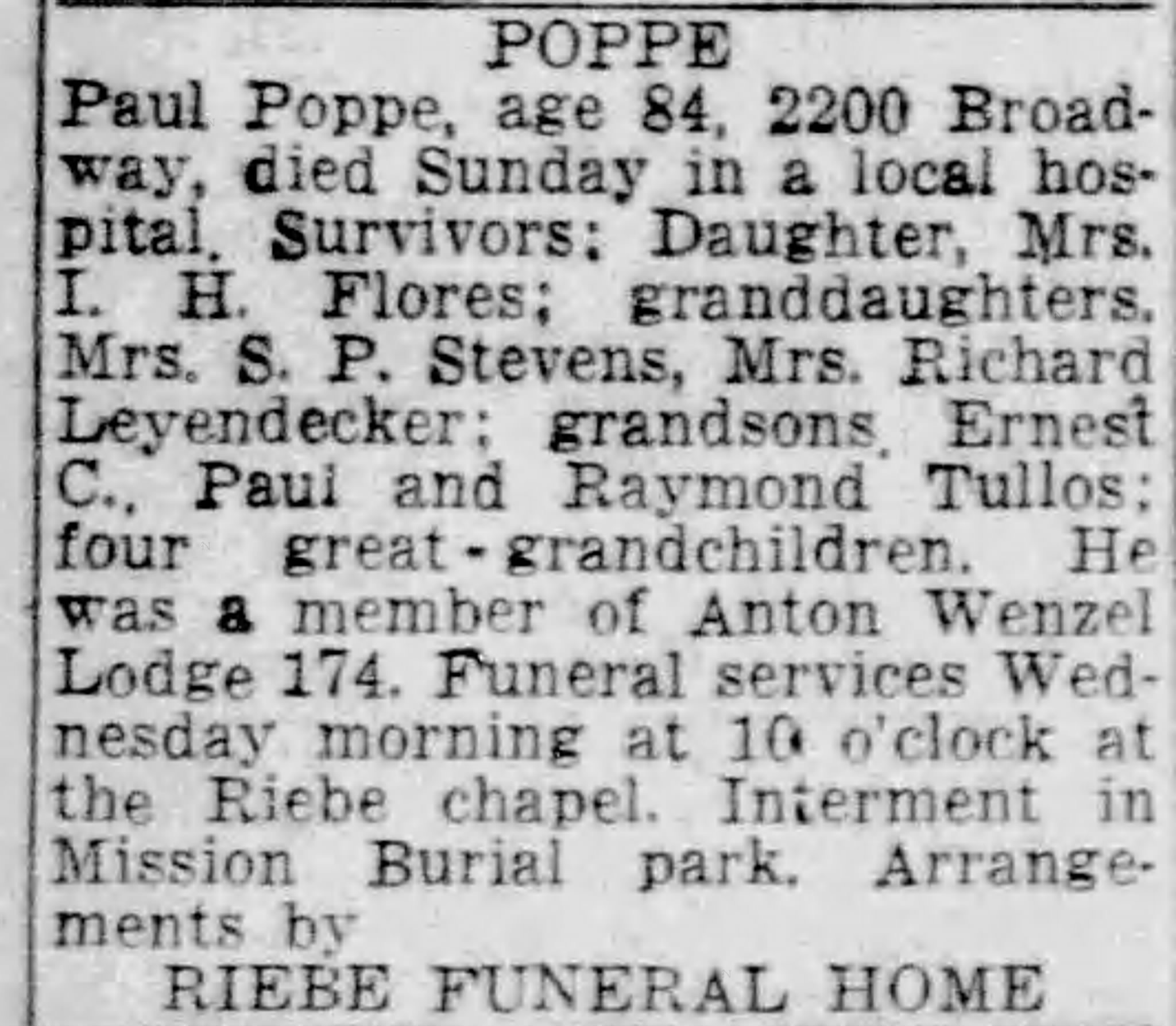 Paul Poppe obituary — Mrs. S. P. Stevens named as granddaughter — SA Light, Aug 1955
