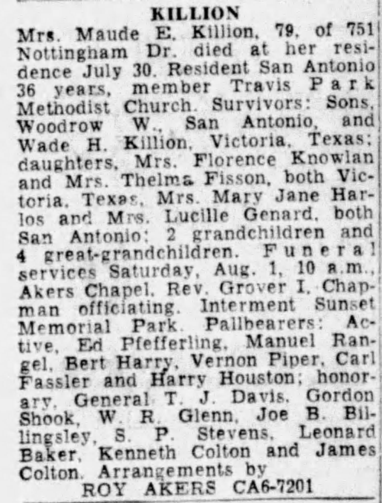 Killion obituary — S. P. Stevens honorary pallbearer — SA Express-News, Aug 1959