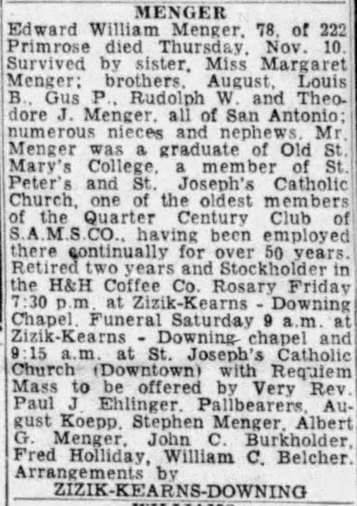 San Antonio Express-News — MENGER obituary for Edward William Menger, 78, 11 November 1960, p. 23