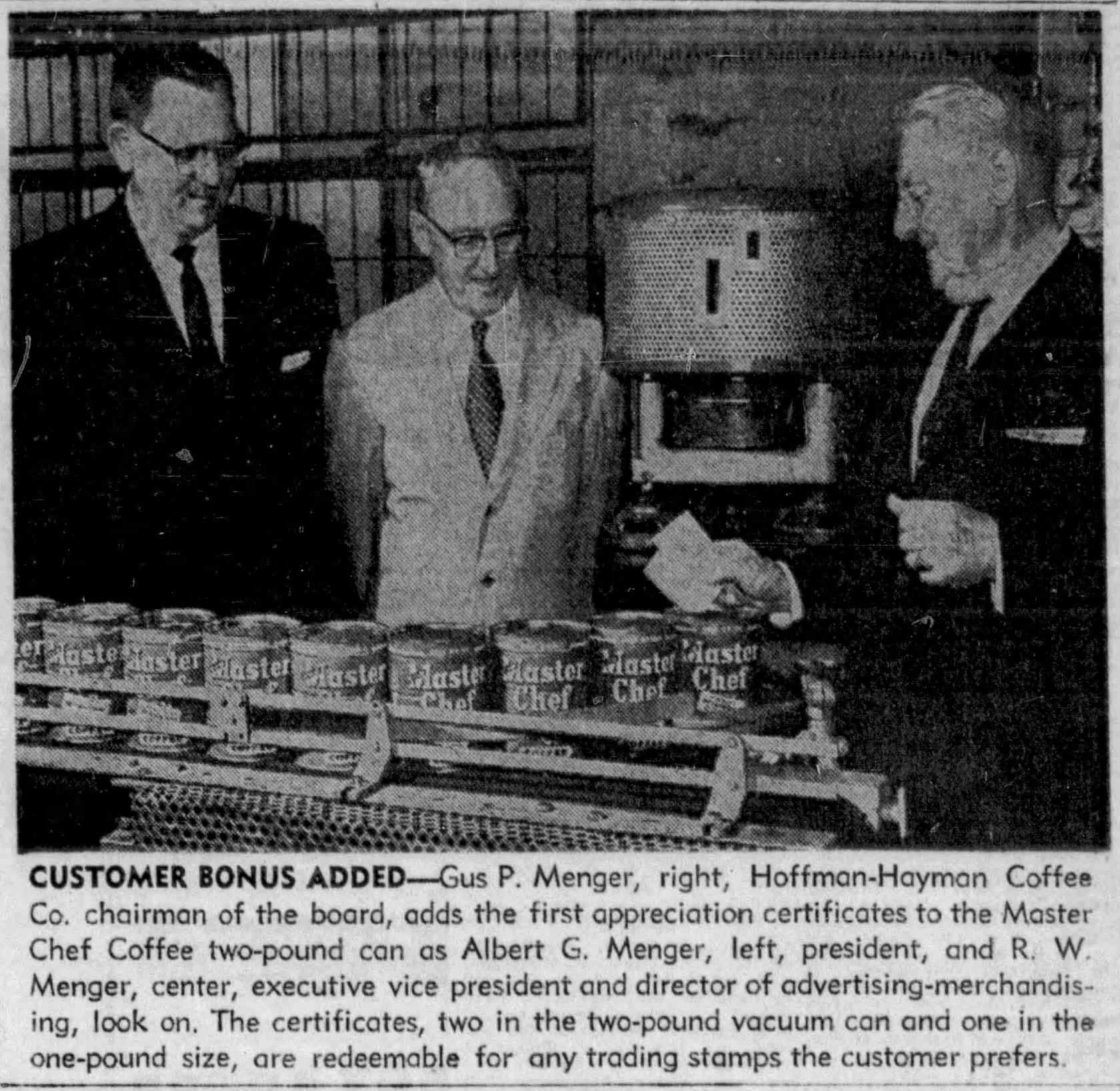 San Antonio Express-News — "CUSTOMER BONUS ADDED" photo and caption showing Gus P. Menger adding the first appreciation certificate to a Master Chef Coffee 2-lb can with Albert G. and R. W. Menger looking on — 29 August 1961, p. 47