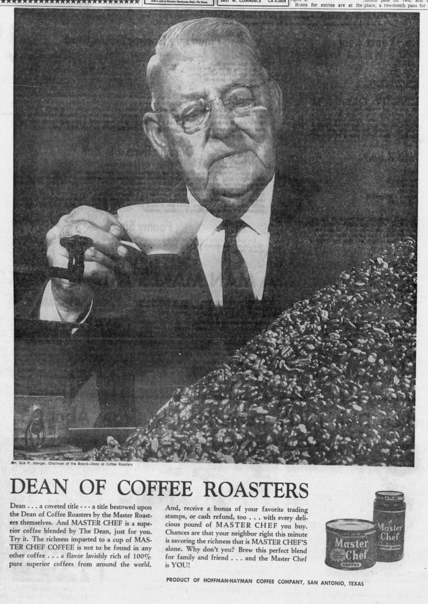 Large-format ad with portrait, coffee beans and grinder, Master Chef packaging, headline Dean of Coffee Roasters, Hoffmann-Hayman footer