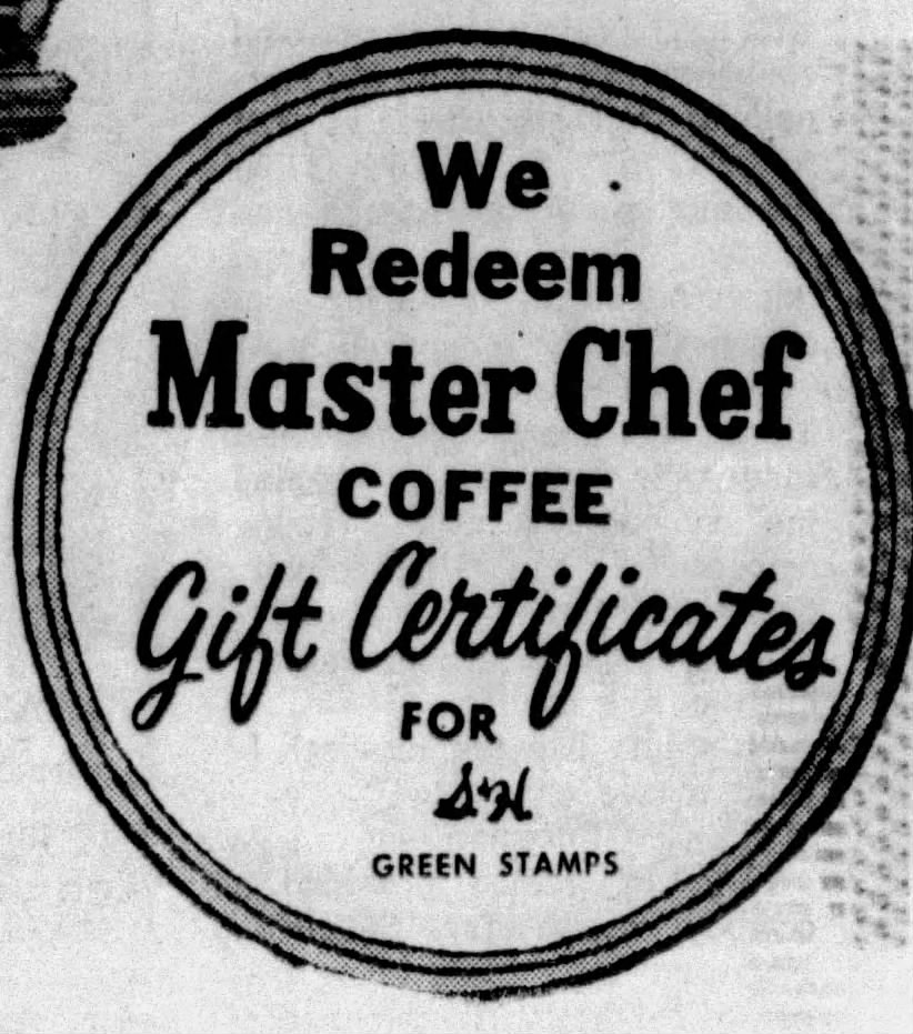 San Antonio Express-News, 28 June 1962, page 44 — circular badge/point-of-purchase sticker design reading 'We Redeem Master Chef Coffee Gift Certificates for S&H Green Stamps'