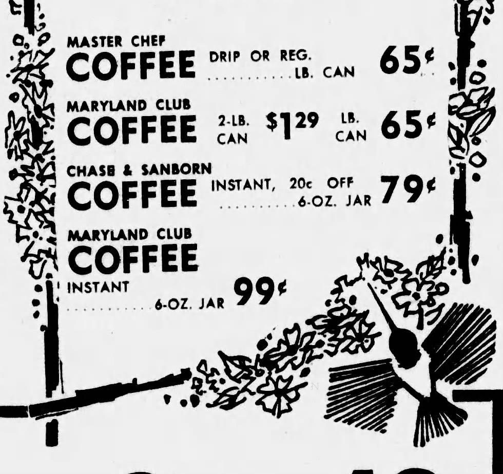 San Antonio Express-News, 19 Mar 1963, p. 34 — Master Chef at 65¢ grocer price listing Grocer-ad price-listing column showing Master Chef Coffee at 65¢ alongside Maryland Club and Chase & Sanborn — San Antonio Express-News, 19 March 1963, p. 34