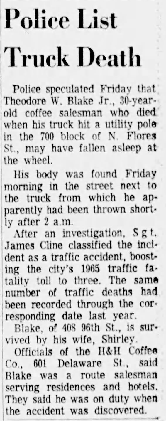 Newspaper clipping: “Police List Truck Death” — fatality of Theodore W. Blake Jr., H&H Coffee Co. route salesman — *San Antonio Express-News*, 9 Jan 1965, p. 35