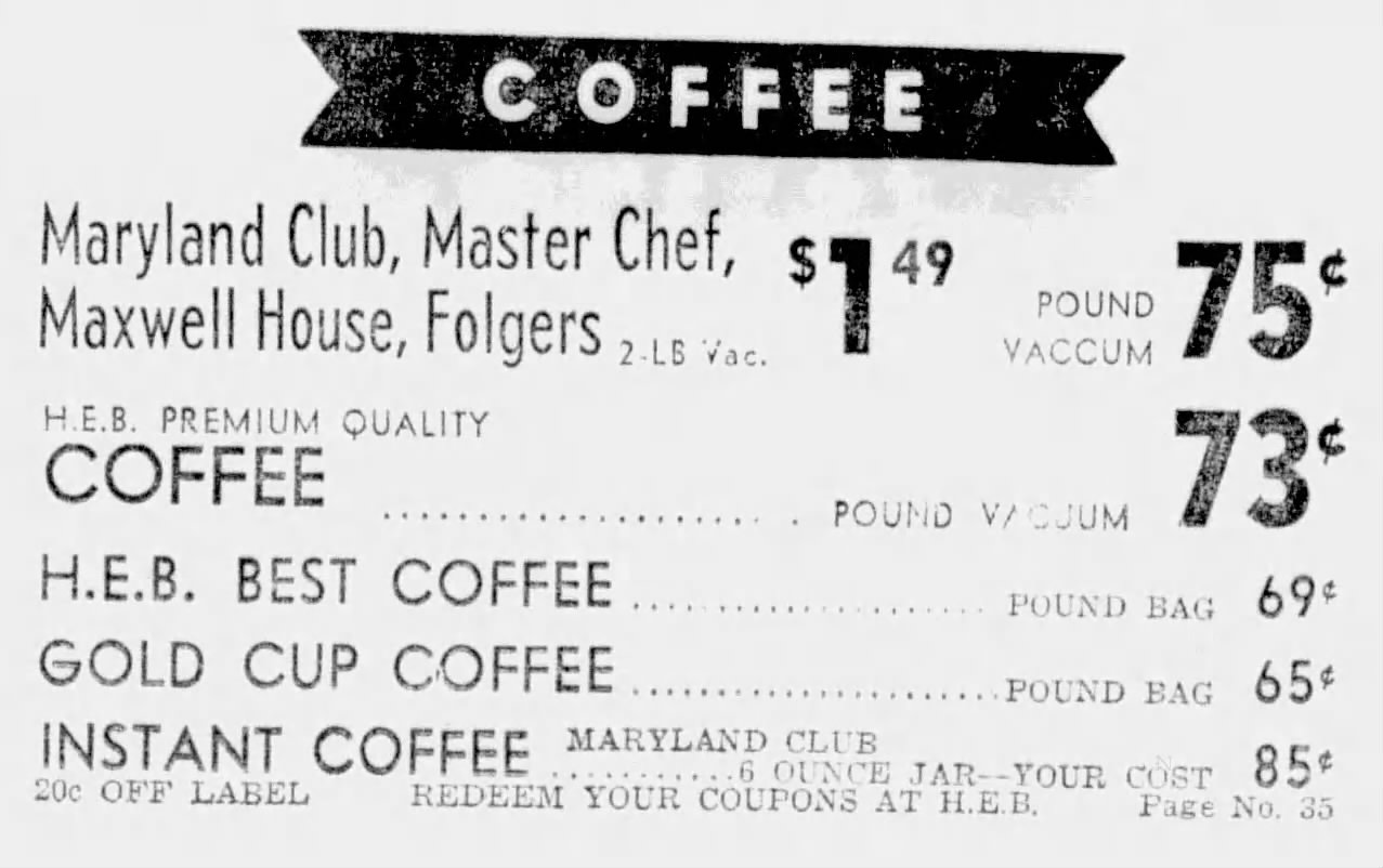 H.E.B. COFFEE price listing — Master Chef at 75¢/lb (parity with Maryland Club, Maxwell House, Folgers) — San Antonio Light, 16 September 1965, p. 28