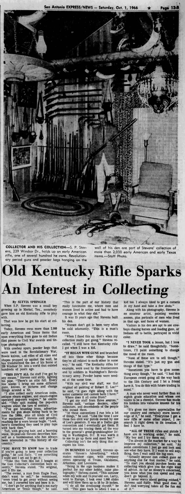 S. P. Stevens — Old Kentucky Rifle, Stevens Advertising, self-taught artist — SA Express-News, Oct 1966