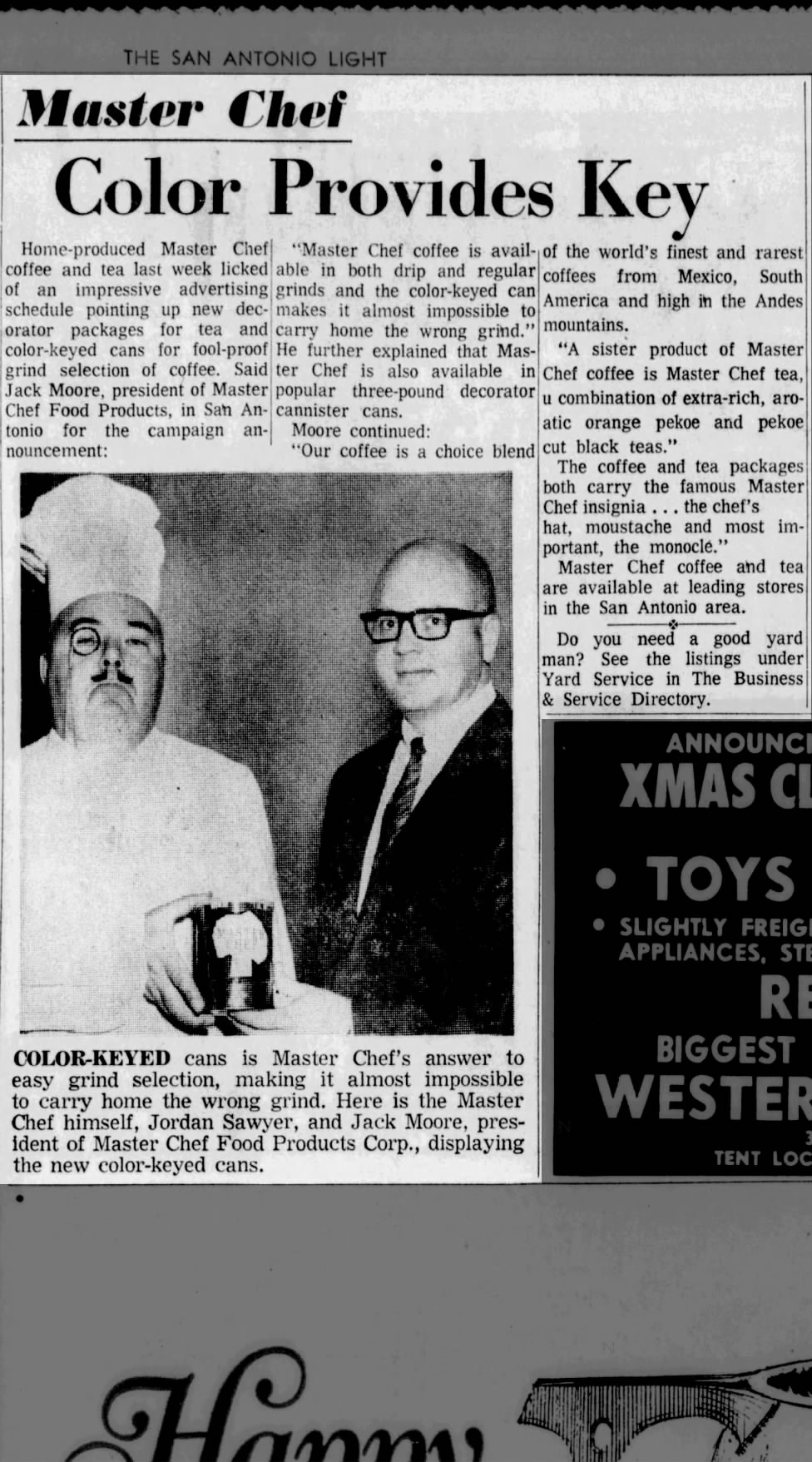 San Antonio Light — "Master Chef Color Provides Key" with photograph of Jordan Sawyer (the in-character Master Chef in chef's hat) and Jack Moore (president of Master Chef Food Products Corp.) displaying the new color-keyed cans — 22 December 1966, p. 32