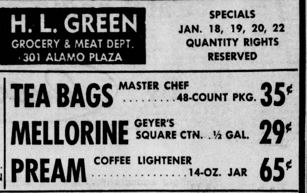 H. L. Green Grocery & Meat Dept. (301 Alamo Plaza) weekly specials display ad listing Master Chef Tea Bags 48-count at 35¢ — San Antonio Express-News, 18 January 1968, p. 4