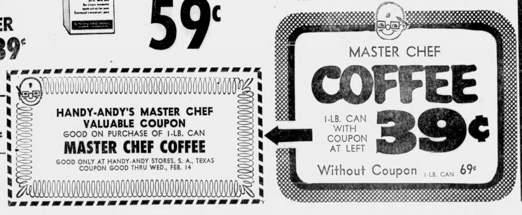 Handy-Andy Stores "Master Chef Valuable Coupon" — 1-Lb. Master Chef Coffee at 39¢ with coupon (vs. 69¢ without) — San Antonio Light, 12 February 1968, p. 21